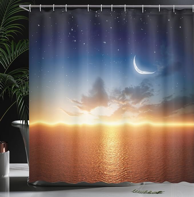 Ambesonne Ocean Shower Curtain, Sunset Sky with Moon and Stars Horizon Scenery Fantasy View Art Print, Cloth Fabric Bathroom Decor Set with Hooks, 69" W x 84" L, Navy Yellow Orange