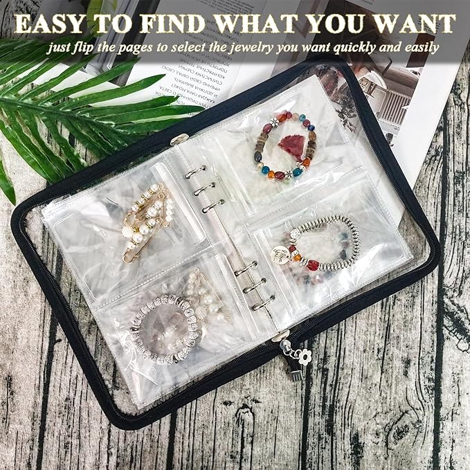 Bracelet Holder Travel Jewelry Organizer Case Transparent Jewelry Storage Book for Earring Necklace Ring with Small Clear Zippered Pouch