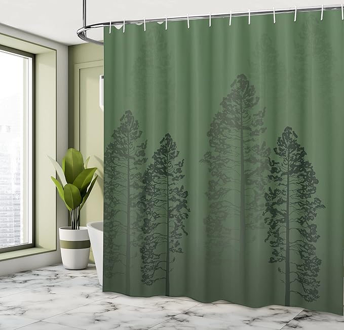Ambesonne Country Shower Curtain, Pine Trees in The Forest on Foggy Seem Ombre Backdrop Wildlife Adventure Artwork, Cloth Fabric Bathroom Decor Set with Hooks, 69" W x 84" L, Forest Green