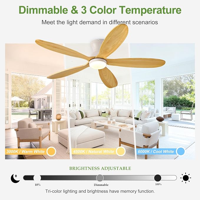 52 Inch Flush Mount Ceiling Fans with Lights, Remote, Dimmable, Power-Off Memory, Quiet DC Motor,5 Blades Wood Ceiling Fan with Light, Low Profile Outdoor/Indoor Hugger Ceiling Fan for Patio
