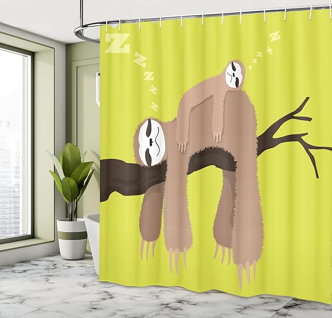 Ambesonne Sloth Shower Curtain, Cartoon Mother Sleeping on Branch Animal on Her Back Carefree Family, Cloth Fabric Bathroom Decor Set with Hooks, 69" W x 70" L, Cocoa Apple Green