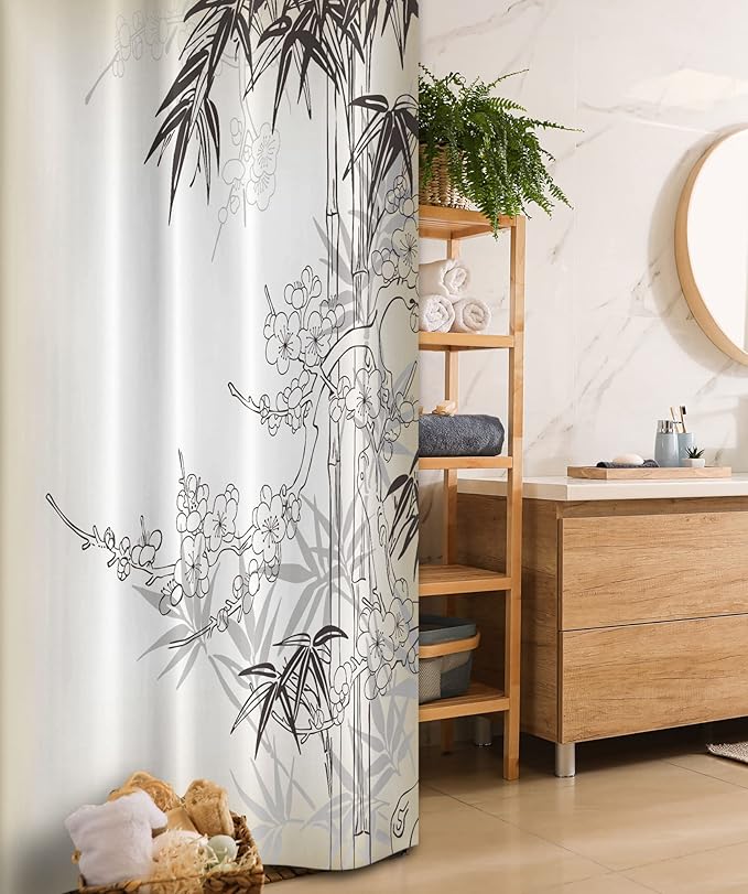 Ambesonne East Stall Shower Curtain, Japanese Art in Traditional Style Blooming Design Sakura Tree Autumn Theme Pattern, Fabric Bathroom Decor Set with Hooks, 36" W x 72" L, White and Tan
