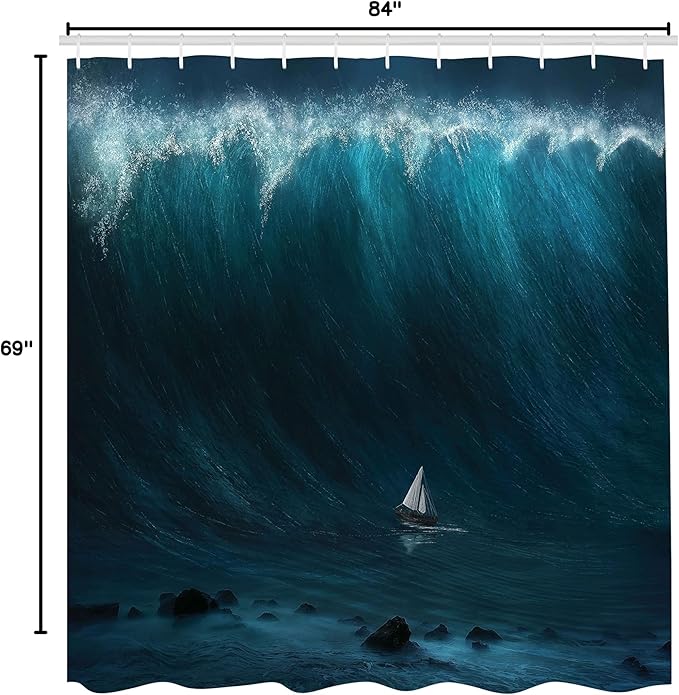 Ambesonne Ocean Shower Curtain, Small Boat Being Captured by a Large Wave Seastorm Tsunami Marine Aquatic Theme, Cloth Fabric Bathroom Decor Set with Hooks, 69" W x 84" L, Blue White