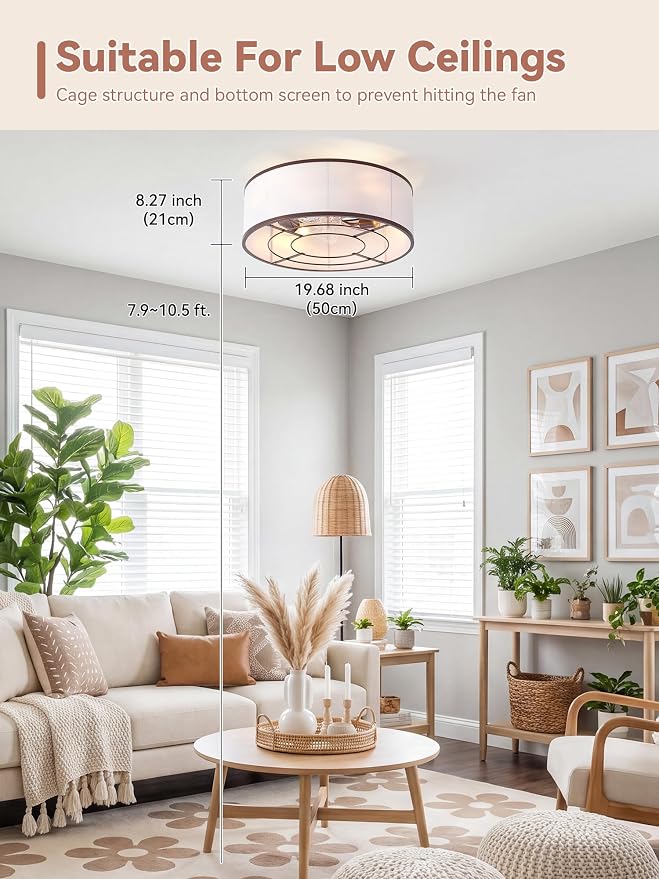 Low Profile Ceiling Fans with Lights, 20" Brown Boho Ceiling Fan with Light Flush Mount and Remote Control, Drum Caged with 6 Speeds for Bedroom, Nursery, Living Room