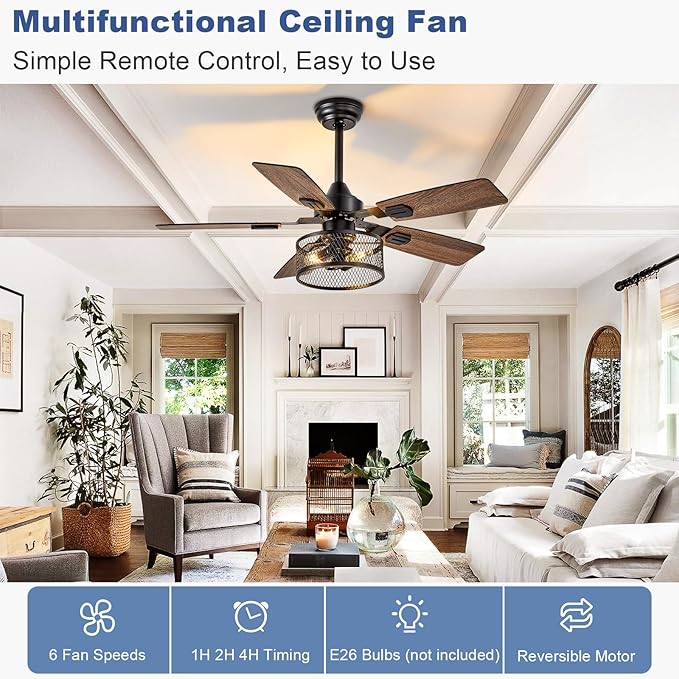 Depuley 42-Inch Ceiling Fans with Lights: Caged Ceiling Fans Dual Finish 5 Blades - Farmhouse Ceiling Fan with Remote Control for Rustic Living Room Outdoor Patio Reversible (Black Walnut)