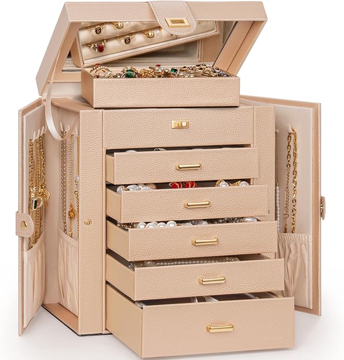 AKOZLIN 6-Tier Jewelry Box Organizer Functional 5 Drawers Leather Jewelry Storage Case for Women Girls Ring Necklace Earring Bracelet Holder Organizer with Mirror Medium Champagne