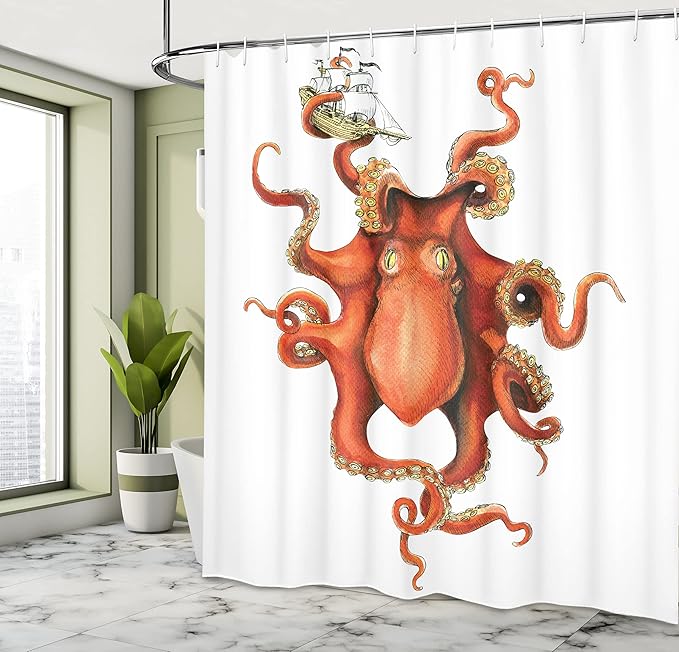 Ambesonne Octopus Shower Curtain, Kraken Octopus Holding Sailing Ship in Tentacles Mythical Monster Nautical Theme, Cloth Fabric Bathroom Decor Set with Hooks, 69" W x 75" L, Orange White
