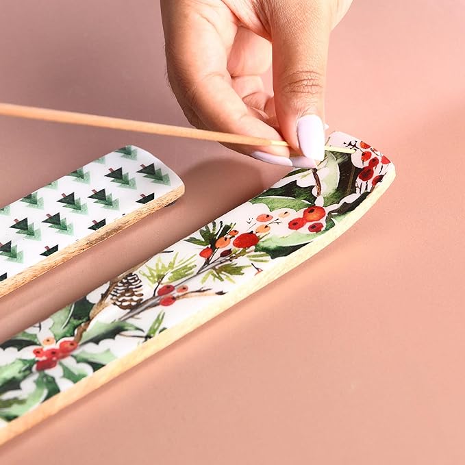 Folkulture Set of 2 Incense Holder or Incense Burner, 10 Inch Modern Insence Holder for Sticks, Wooden Ash Catcher for Christmas Decorations, Insenses Holder - Mango Wood, Seasons