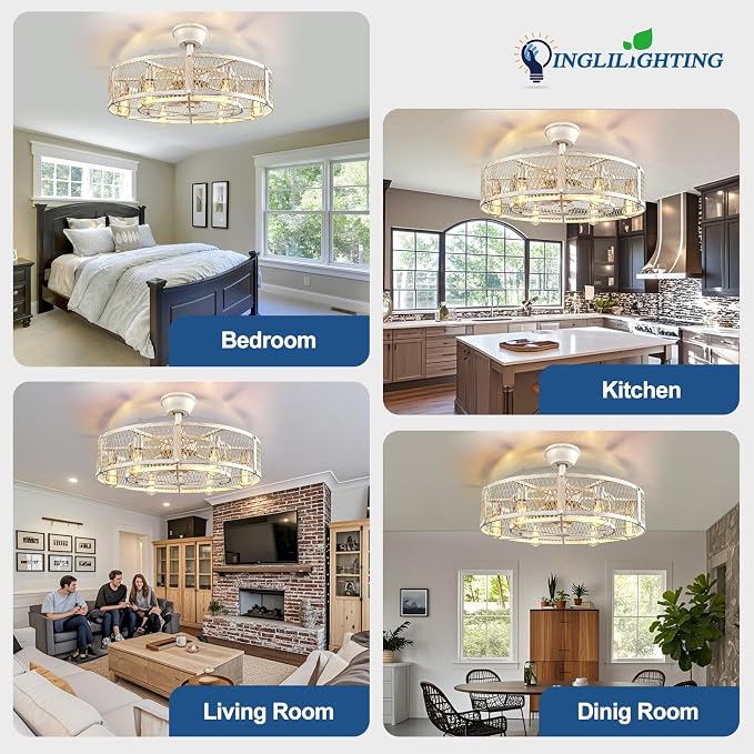 DLLT Caged Ceiling Fan with Lights: 26" Large Bladeless Fandelier with Light and Remote - Cement Industrial Chandelier Fan Light Semi Flush Mount Rustic Enclosed Fans Bedroom Dining Room Kitchen