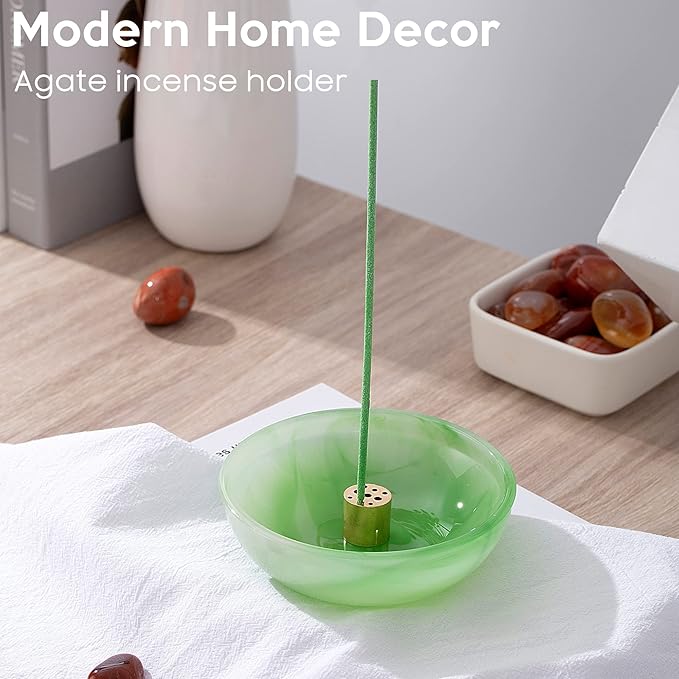 Incense Holder, Multi-Purpose Design Agate Incense Burner ash Catcher with Brass 9 Holes Incense Stick Holder for Home Decor Yoga Spa Madiation (Agate Green)