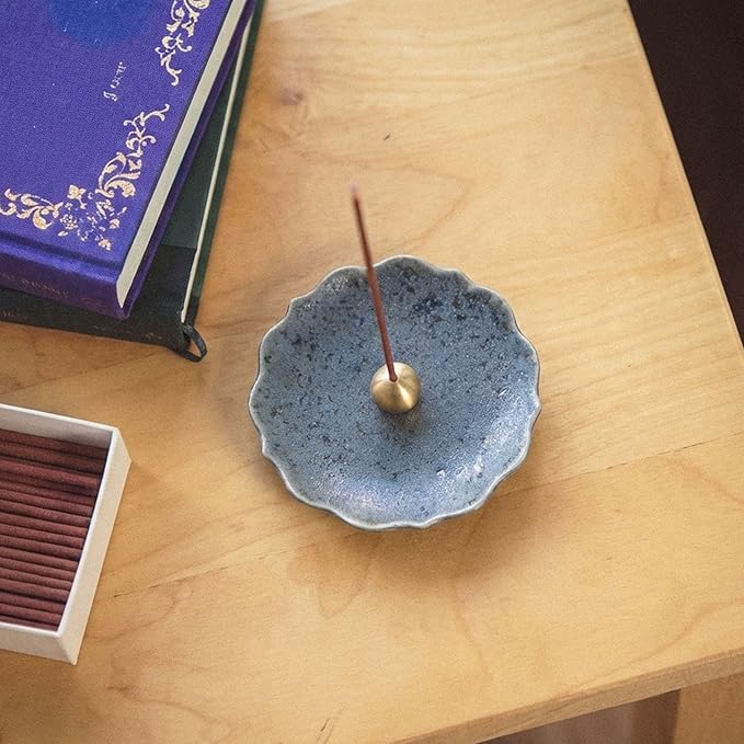 Asayu Japan Incense Holder - Matte Gray Crystal “Kikyo” Flower Shape - Mino Ware Ceramic Ash Catcher Plate with Brass Holder (Ginnezu Kikyo)
