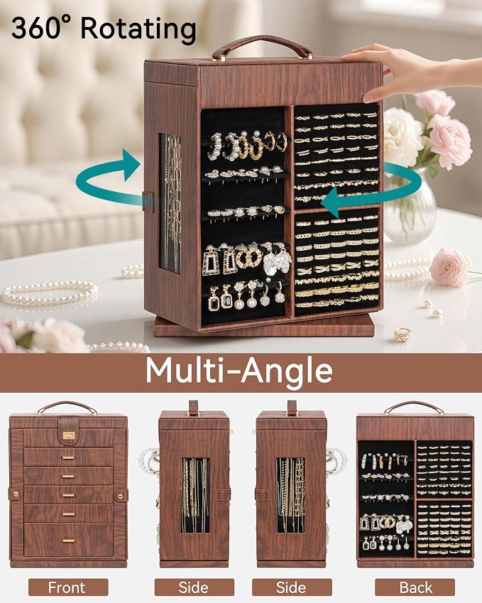 AKOZLIN 6-Tier Jewelry Box Organizer Functional 5 Drawers Leather Jewelry Storage Case for Women Girls Ring Necklace Earring Bracelet Holder Organizer with Mirror XL Red 360° Rotating