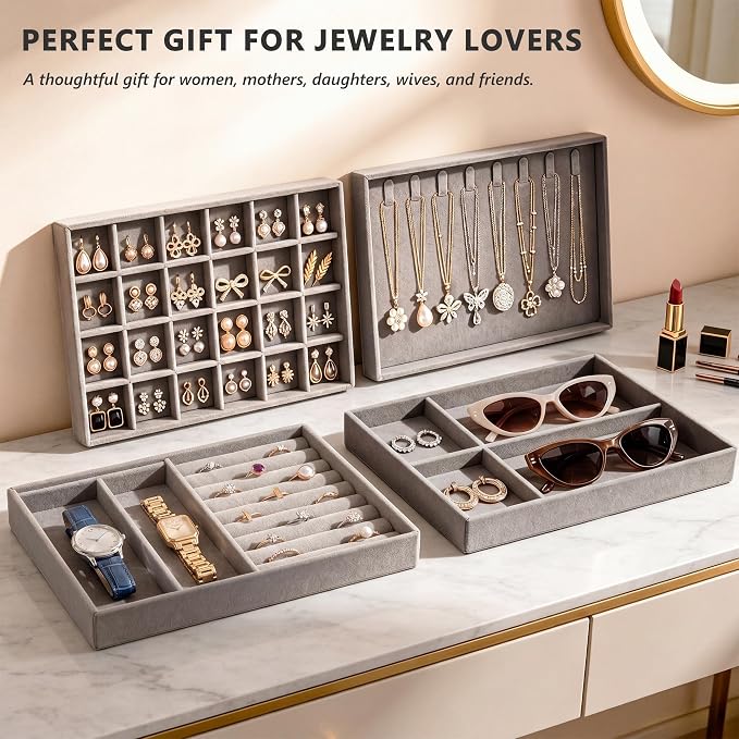 Jewelry Organizer for Drawer, Velvet Jewelry Drawer Organizer Inserts, 4-Layer Grey Stackable Jewelry Trays for Rings Earrings Necklaces Bracelets with Removable Dividers for Dresser Vanity