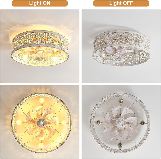 Garwarm 20" Ceiling Fans with Lights,Flush Mount Vintage Farmhouse Rustic Crystal Fandelier,Low Profile Farmhouse Caged Ceiling Fan with Light and Remote for Bedroom,Kitchen,Indoor