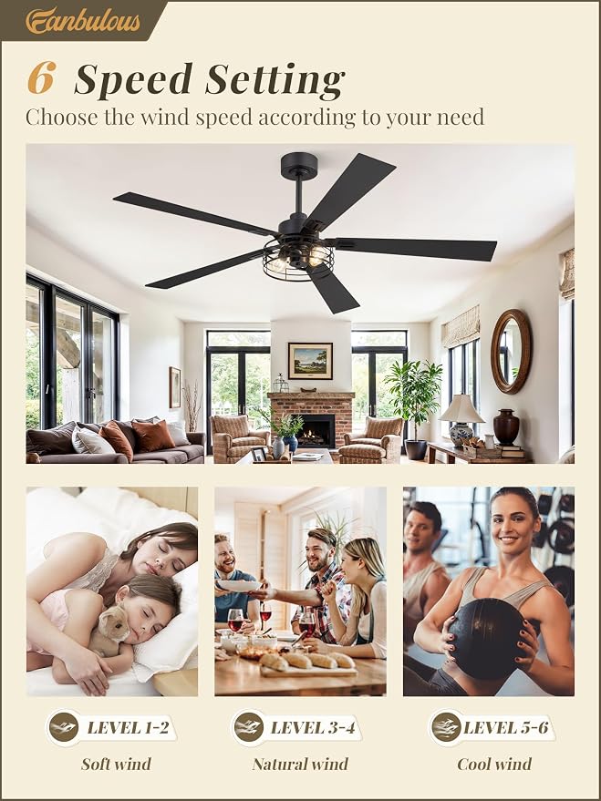 Fanbulous 1 Pack Farmhouse 60 Inch Ceiling Fans with Lights, Black Industrial Caged Ceiling Fans for Bedroom Living Room, Double-Sided 5 Blades Rustic Ceiling Fan-Black