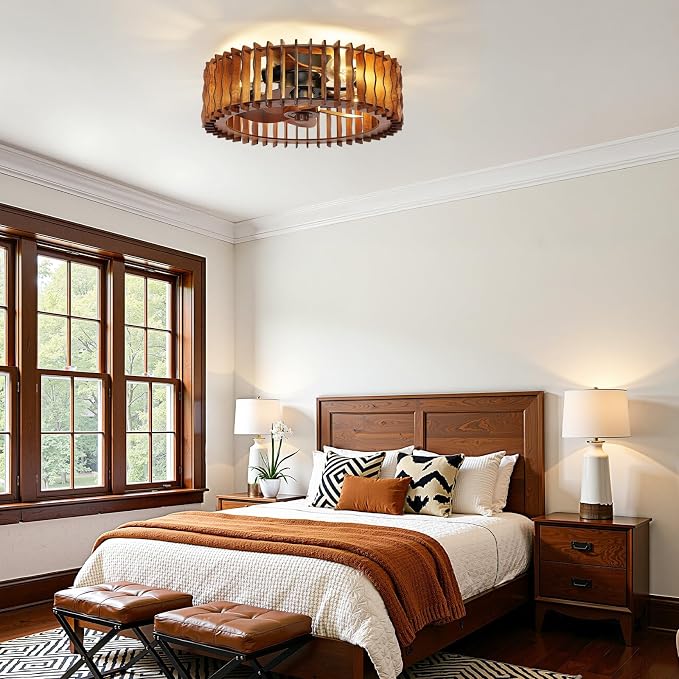 Wooden Fandelier Ceiling Fan with Light and Remote, 20" Flush Mount Caged Ceiling Fan with Light, 6 Speed Reversible Farmhouse Low Profile Ceiling Fan for Bedroom Living Room