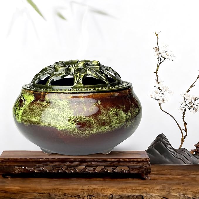 Ceramic Incense Burner, Bowl Burner,Cone Incense Burner with Brass lid for use with Stick or Cone-Shaped Incense，Lotus Incense Stick Holder Calabash Incense Stick Holder, 3pc (Fambe Green)