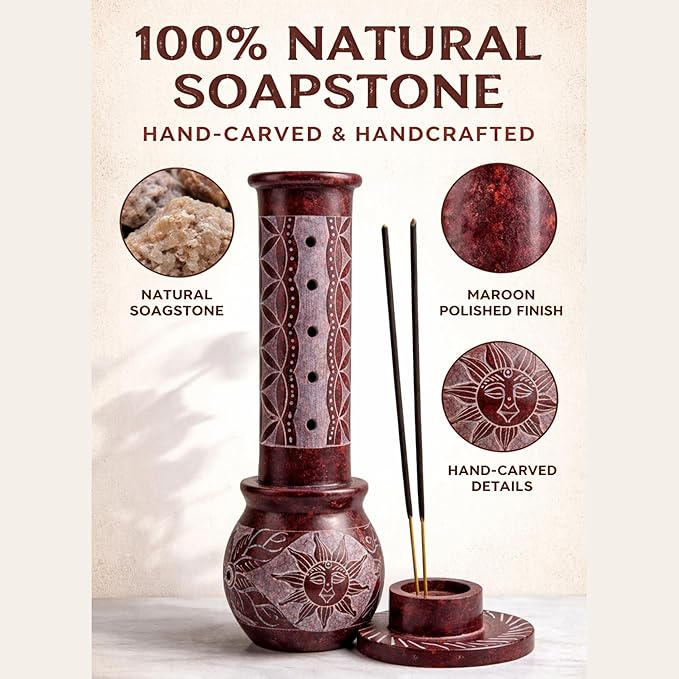 Marble Handmade Soapstone Red Incense Stick Holder | Candle Burner | Tea Light Holder - Round Jaali Carving for Gifting. Decorative Home and Office Decor - (3 X 3 X 10 Inches)