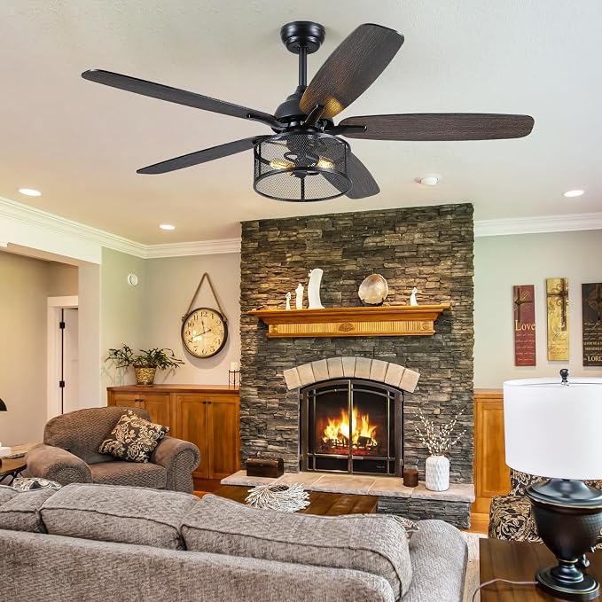 Hounberi 56 Inch Farmhouse Ceiling Fans with Lights and Remote Control | 6-Speed Reversible DC Motor, 5 Double Finish Blades, Black Caged Ceiling Fan with Light for Bedroom, Living Room, Kitchen