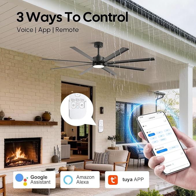 65 Inch Smart Outdoor Ceiling Fan with Light, Waterproof All Weather Wet Rated, Alexa/App/Remote Control, 8 Aluminum Blades, High CFM Quiet DC Motor, for Patio Porch Gazebo, Modern Black Industrial