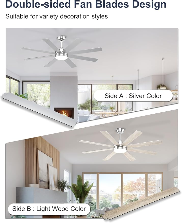 60'' Silver Ceiling Fan with Lights for Indoor/Covered Outdoor | Remote/APP Control, 3CCT Dimmable, Quiet DC Motor, Reversible Airflow, 8 Blades Modern Overhead Fan for Patio, Living Room