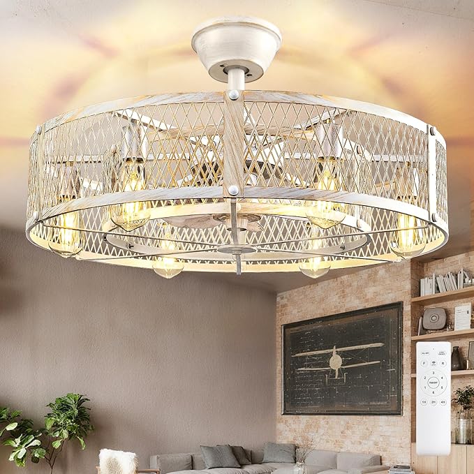 DLLT Caged Ceiling Fan with Lights: 26" Large Bladeless Fandelier with Light and Remote - Cement Industrial Chandelier Fan Light Semi Flush Mount Rustic Enclosed Fans Bedroom Dining Room Kitchen