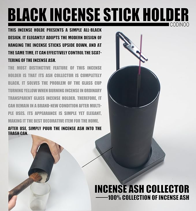 Incense Holder for Sticks,Incense Burner Holder,Modern Incense Holder for Stick with Glass Ash Catcher,Insence-Stick Holder [Anti-Ash Flying] for Yoga Spa (Upside Down Full Black)