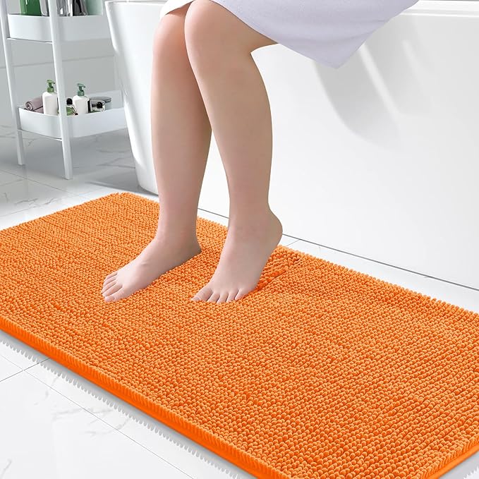 OLANLY Bathroom Runner Rugs 47x24, Extra Soft Absorbent Chenille Bath Rugs, Rubber Backing Quick Dry, Machine Washable Long Bath Mats for Bathroom Floor, Tub and Shower, Home Decor Accessories, Orange