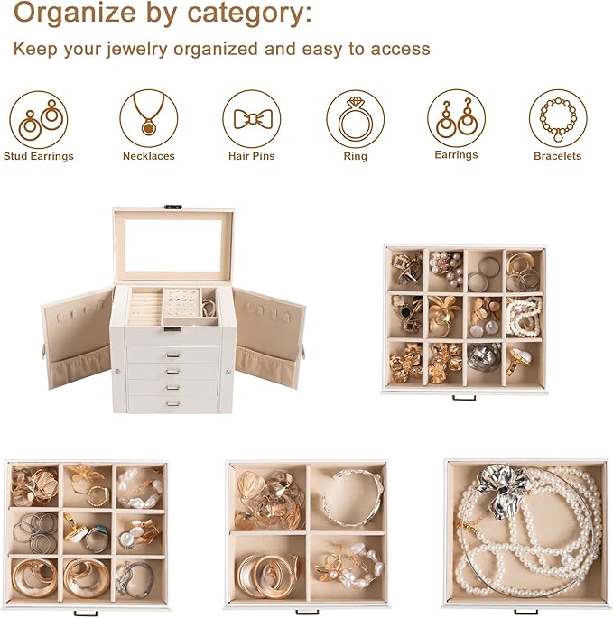 Frebeauty 5-Layer Jewelry Box for Women,Jewelry Organizer with 4 Drawers | Faux Leather,Built-in Mirror,Spacious Jewelry Storage,16 Necklace Hooks,Organizing by Category for Rings Earrings Bracelet