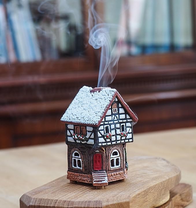 Ceramic Houses and Villages Collection - Handmade Collectible Miniature of Historic House in Lauterbach Germany - Cone Incense Holder, Winter Edition Incense Burner S19-6