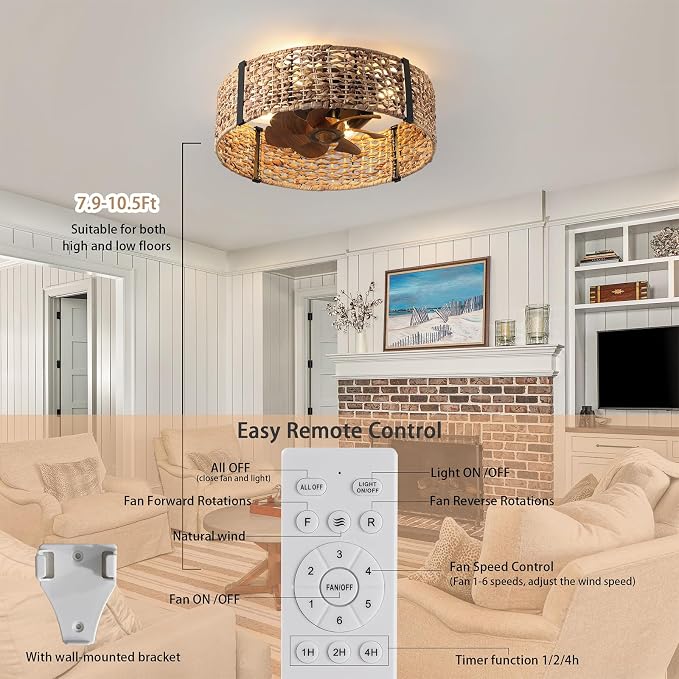 Ganeed 20" Boho Fandelier Ceiling Fan with Light, Rattan Caged Ceiling Fan with Light and Remote Control, Quiet Reversible Motor Enclosed Low Profile 6 Speeds for Bedroom Living Room Porch Kids Room