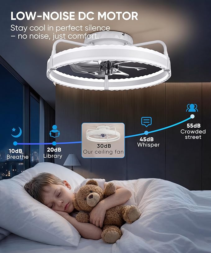 Ceiling Fan with Lights, 20'' Low Profile Ceiling Fans, 3000-6000K Dimmable Fandelier LED Fan Light, White Modern Flush Mount Ceiling Fan, 6 Speeds Reversible DC Motor Noiseless for Bedroom, Kids Room