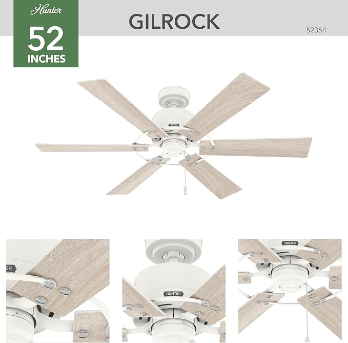 Hunter 52 inch Indoor Ceiling Fan No Light - White Ceiling Fan without Light, 6 Blades, Standard Mount, For Bedroom, Living Room, or Kitchen, Pull Chain - Gilrock 52354, Matte White