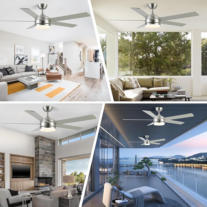 YUHAO 60 Inch Brushed Nickel Ceiling Fan with Light and Remote Control.Noiseless,Dimmable,3CCT,6 Speeds Reversible, DC Ceiling Fans for Indoor or Covered Outdoor Use.ETL Listed