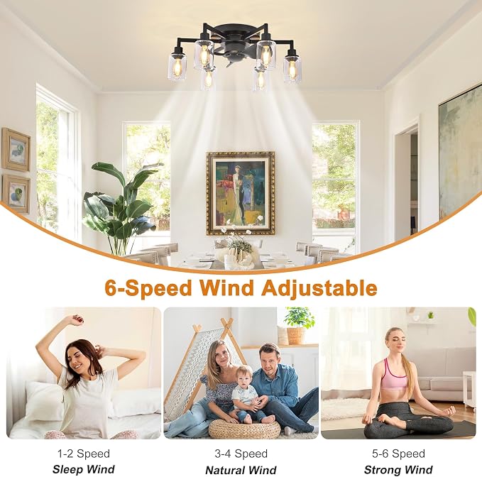 Garwarm 26IN Ceiling Fans with Lights, Black Flush Mount Ceiling Fan with Lights Remote Control,Low Profile Bladeless Ceiling Fan Light Fixture for Bedroom, Kitchen, Dining Room