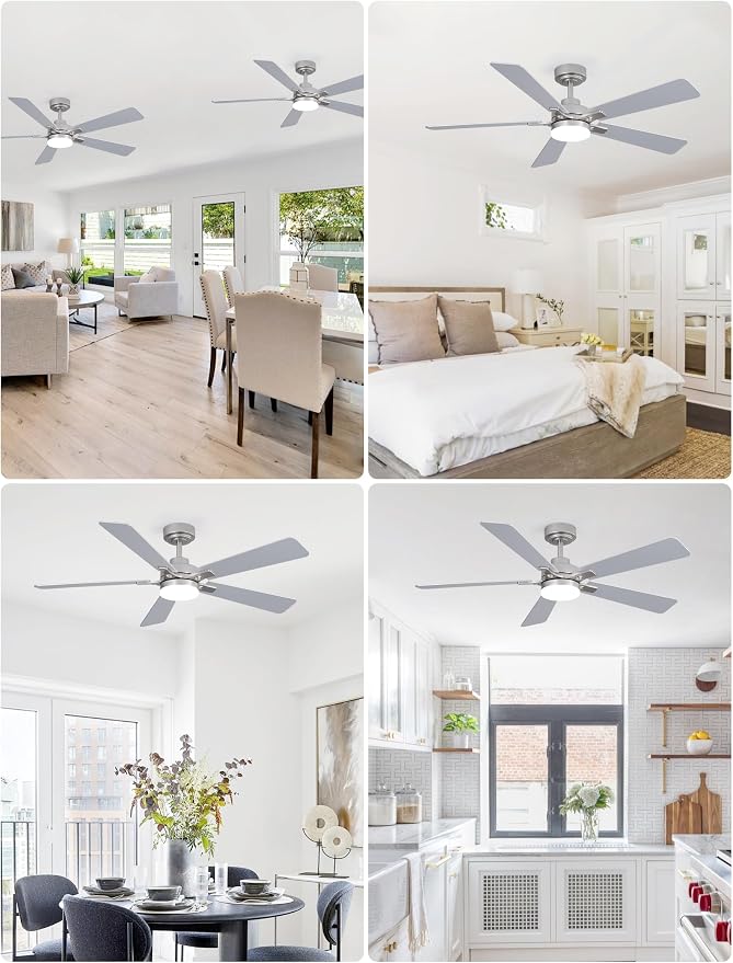 52 Inch Ceiling Fan with Lights and Remote, Downrod Mount, Sloped Ceiling Compatible up to 15°, Quiet Reversible DC Motor, 3CCT Dimmable LED, Nickel Ceiling Fan for Bedroom Living Room