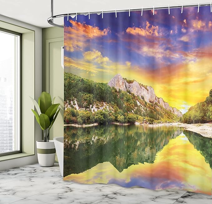 Ambesonne Landscape Shower Curtain, Sunset Over The Lake Mountain and Forest in a Partly Cloudy Day, Cloth Fabric Bathroom Decor Set with Hooks, 69" W x 70" L, Earth Yellow Coral Green