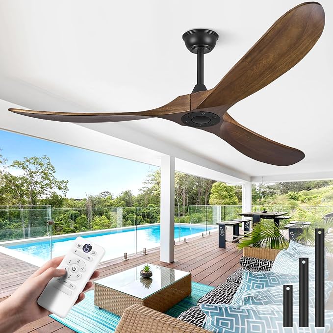 Haipeel 60 Inch Wood Ceiling Fan no Light, Outdoor Ceiling Fans Without Lights with Remote Control, Indoor Modern 3 Blade Propeller Ceiling Fan for Bedroom Porch, Reversible BLDC Motor, Dark Walnut