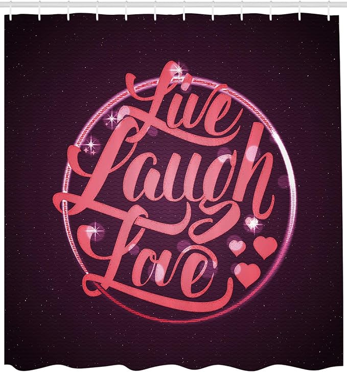 Ambesonne Live Laugh Love Shower Curtain, Vibrant Romantic Vintage Stamp Inspired Circle Popular Saying Print, Cloth Fabric Bathroom Decor Set with Hooks, 69" W x 84" L, Coral Plum White