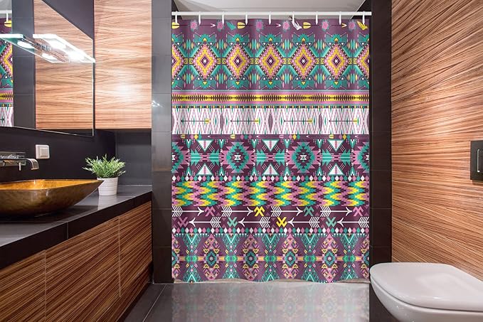 Ambesonne Tribal Stall Shower Curtain, Traditional Pattern Geometrics and Arrows Art, Fabric Bathroom Decor Set with Hooks, 54" W x 78" L, Teal Purple Yellow