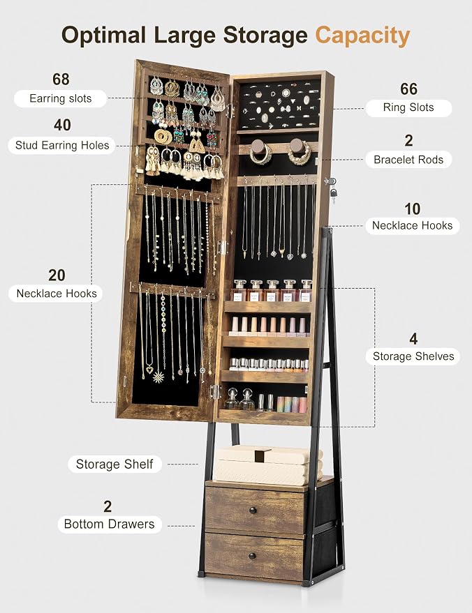 Nicetree Jewelry Cabinet Armoire with 2 Drawers, Lockable Standing Jewelry Mirror Cabinet, Full Length Mirror with Jewelry Storage, Rustic Brown