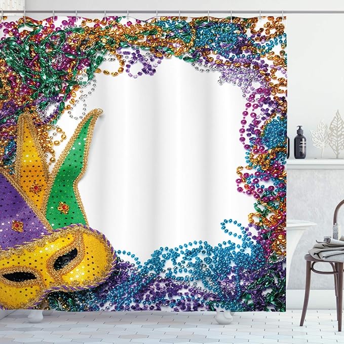 Ambesonne Mardi Gras Shower Curtain, Colorful Framework Design Vibrant Beads and Fat Tuesday Holiday Theme, Cloth Fabric Bathroom Decor Set with Hooks, 69" W x 75" L, Multicolor