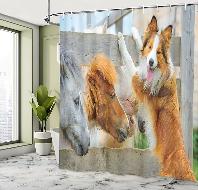 Ambesonne Nature Shower Curtain, Pony and Border Collie Dog are Dating Friendship Companionship Themed Nature, Cloth Fabric Bathroom Decor Set with Hooks, 69" W x 84" L, Amber Tan Grey