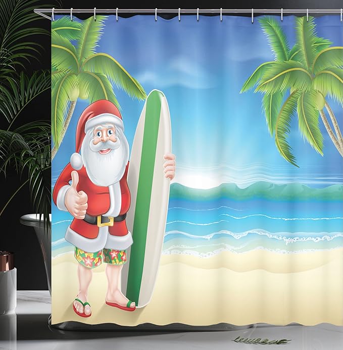 Ambesonne Christmas Shower Curtain, Santa Claus with Trunks on The Beach and Surfboard Sunny Hot Christmas Theme, Cloth Fabric Bathroom Decor Set with Hooks, 69" W x 70" L, Blue Green