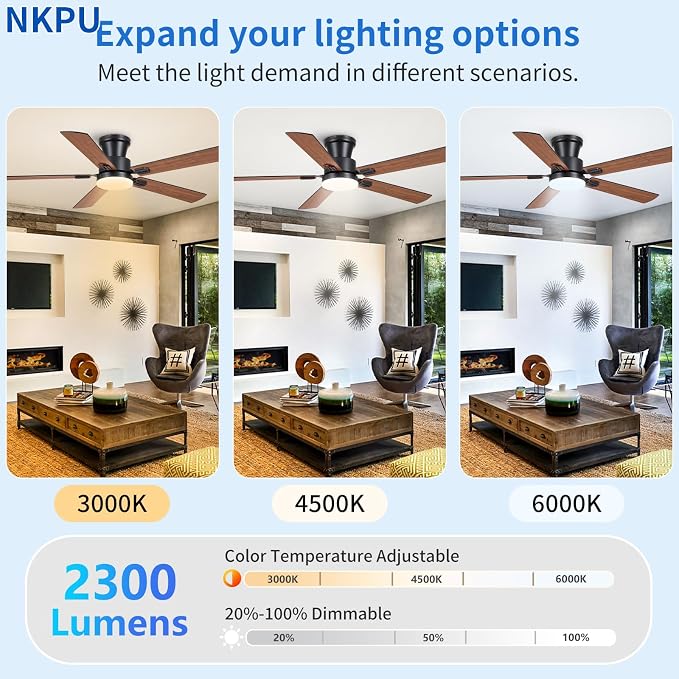 NKPU 52" Ceiling Fans with Lights, Low Profile Ceiling Fan with Light and Remote/APP Control, 6 Speed, Dimmable, Safe Quiet DC Motor, Brown Flush Mount Ceiling Fan for Bedroom Indoor/Outdoor Use