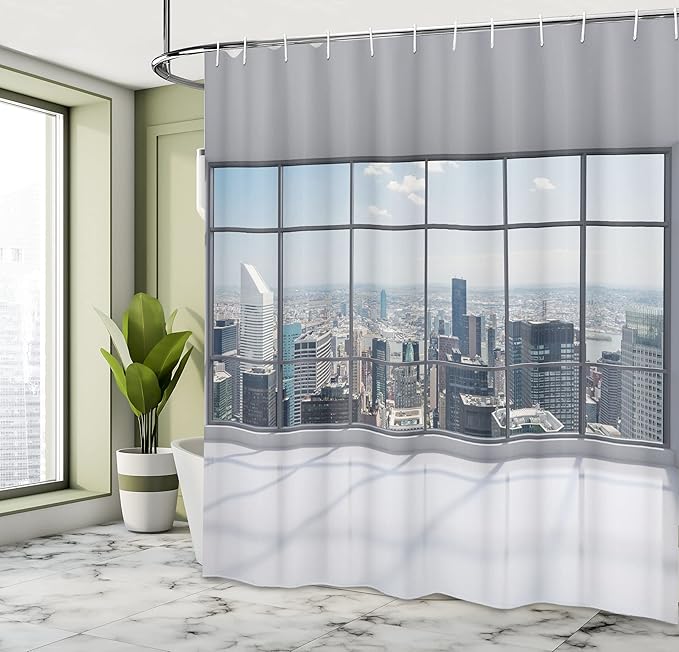 Ambesonne City Shower Curtain, Clean Office with Big Window Downtown Skyscraper Buildings Domestic Cityscape Art, Cloth Fabric Bathroom Decor Set with Hooks, 69" W x 70" L, Grey White