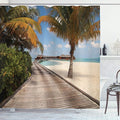 Ambesonne Beach Shower Curtain, Bungalows at Tropic Island Coconut Palm Trees on The Beach Secret Paradise Maldives, Cloth Fabric Bathroom Decor Set with Hooks, 69" W x 70" L, Cocoa