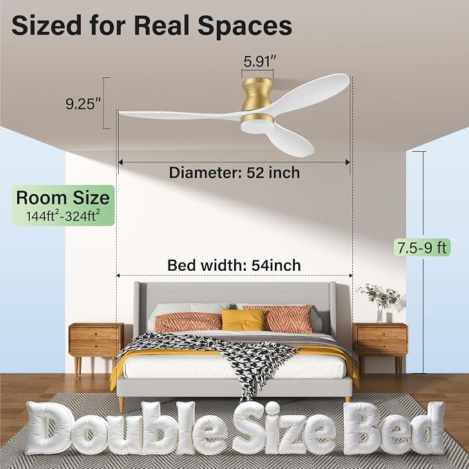 52" Wood Ceiling Fans with Lights Remote,Smart Control via WIFI Alexa APP,Outdoor Indoor Flush Mount Ceiling Fan for Low Profile Modern Living Room,Patio,White and Gold,Dimmable LED,Quiet DC Motor