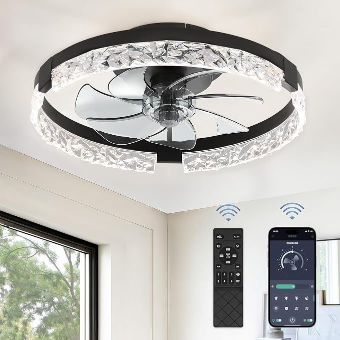 ZMISHIBO Ceiling Fans with Lights and Remote, 18 Inch Flush Mount Fan Light, 6 Speeds, 3CCT, Dimmable, Low Profile Ceiling Fan, Modern Ceiling Fan with Light for Bedroom and Living Room, Black