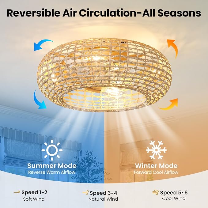 Boho Caged Ceiling Fan Light: 20" Rattan Ceiling Fan Lights Flush Mount Bladeless Fandelier with Remote/Timer/Reversible 6 Speeds/DC Motor Low Profile Small Ventilador de Techo for Bedroom Living Room